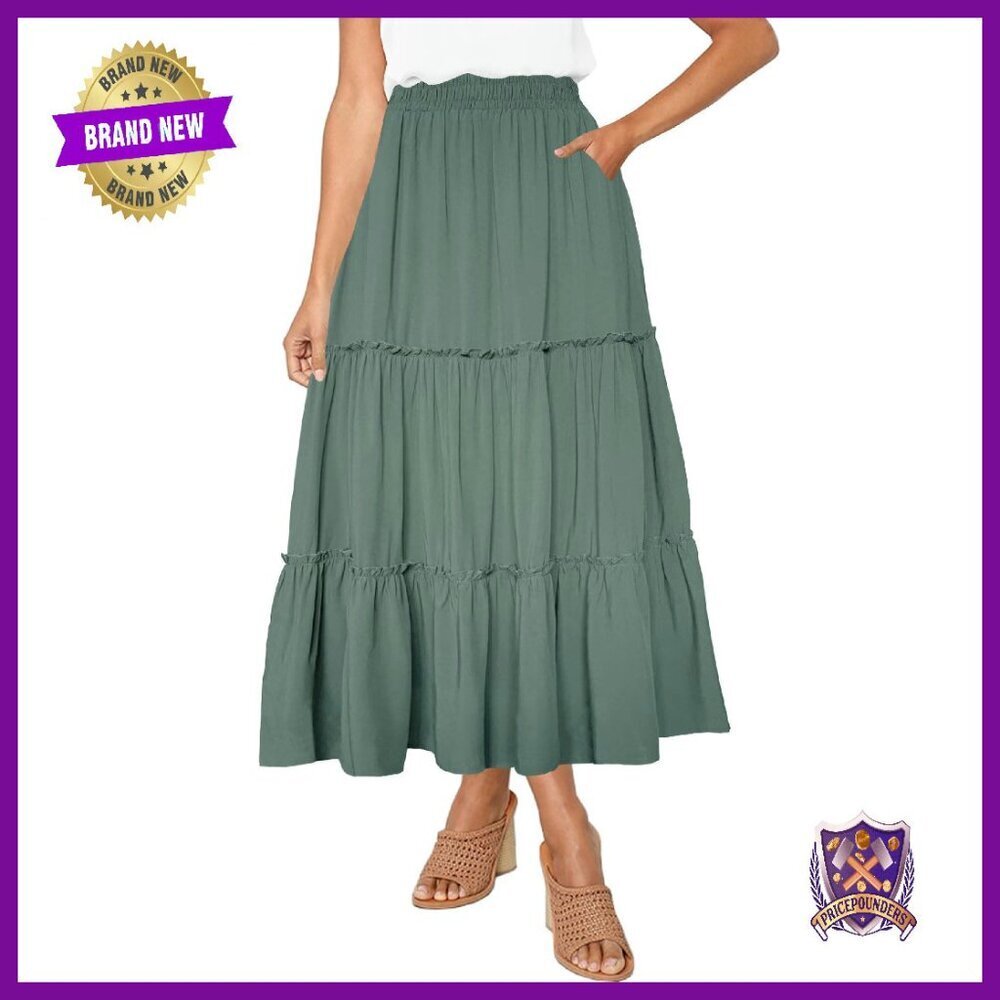 High Waist A-Line Maxi Skirt with Pockets, Lined, Elastic Waist
